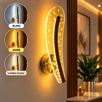 Applique Murale LED Moderne Dorée – Design Courbé Effet Cristal – 3 Couleurs d’Éclairage | Top Déco Tunisie