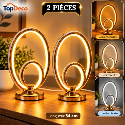 Pack de 2 Veilleuses LED Design Anneaux Dorés – 3 Couleurs d’Éclairage – 34 cm | Top Déco Tunisie