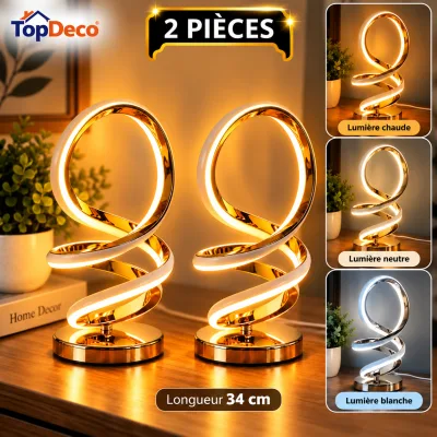 Pack de 2 Veilleuses LED Spirale Dorées – 3 Couleurs d’Éclairage – 34 cm | Top Déco Tunisie