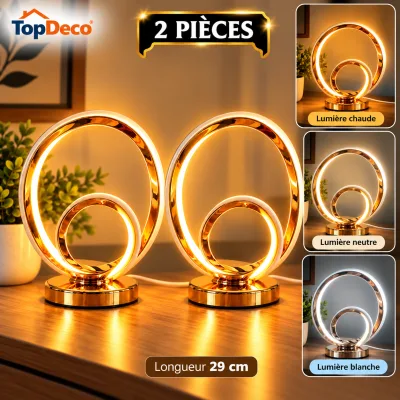 Pack de 2 Veilleuses LED Double Anneau Doré – 3 Couleurs d’Éclairage – 29 cm | Top Déco Tunisie