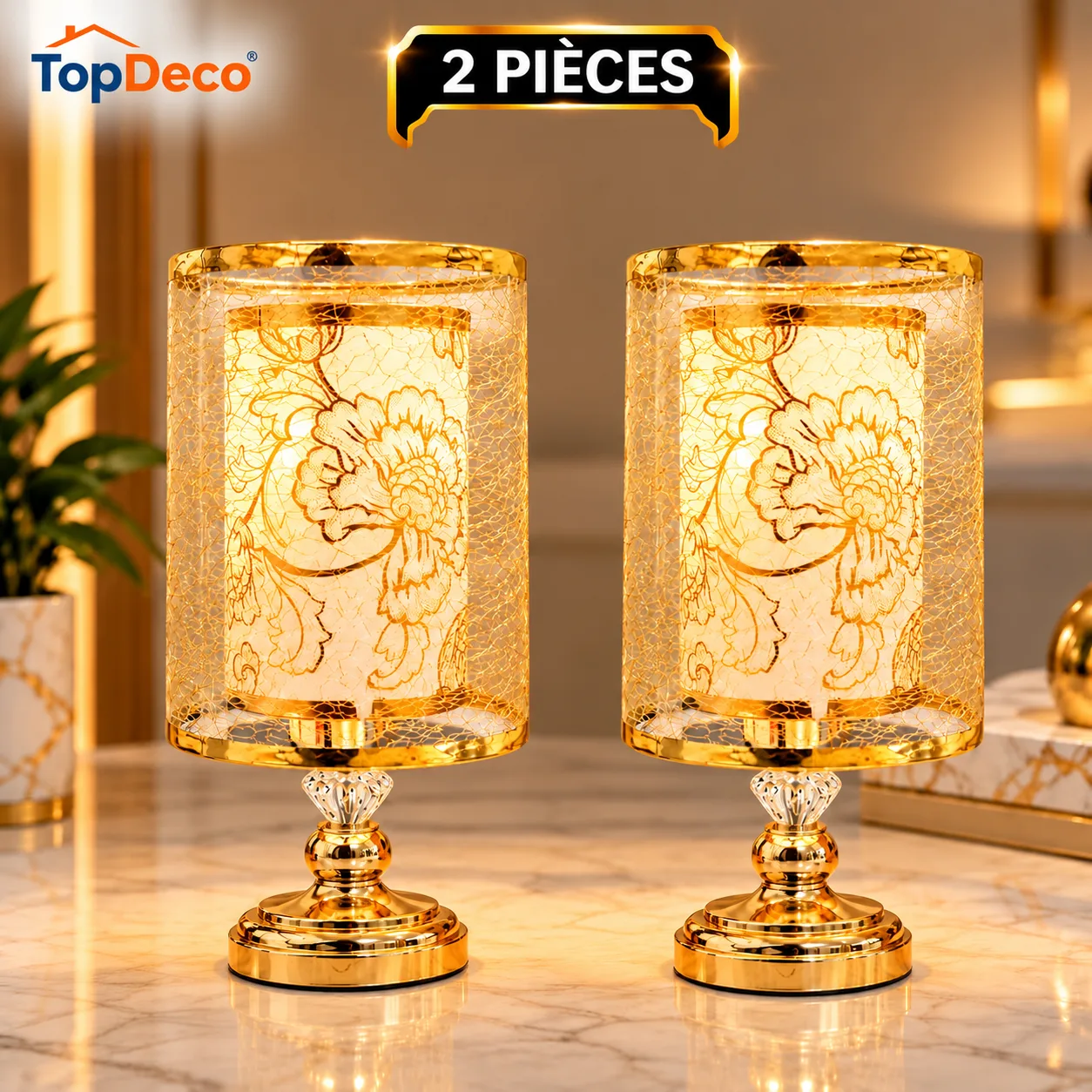 Pack de 2 Veilleuses de Table Dorées à Motif Floral – Design Élégant et Lumière Chaude