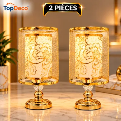 Pack de 2 Veilleuses de Table Dorées à Motif Floral – Design Élégant et Lumière Chaude | Top Déco Tunisie