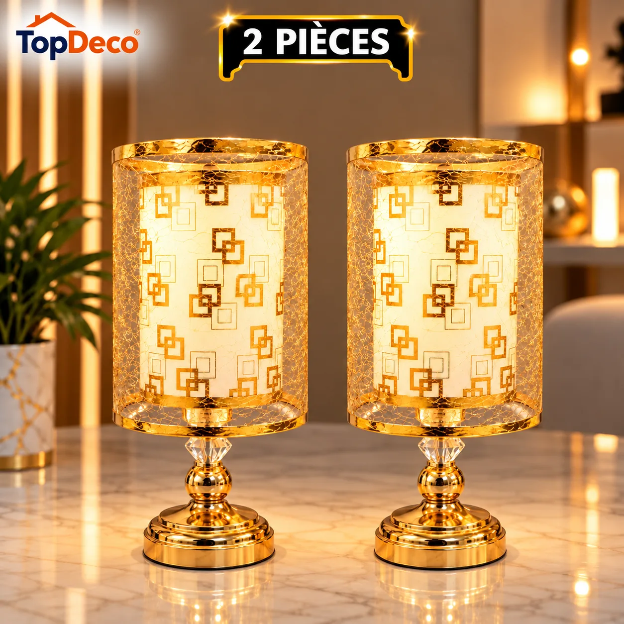 Pack de 2 Veilleuses de Table Dorées – Design Cylindrique à Motifs Géométriques