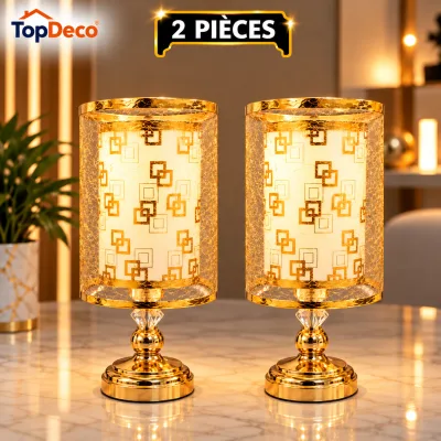 Pack de 2 Veilleuses de Table Dorées – Design Cylindrique à Motifs Géométriques | Top Déco Tunisie