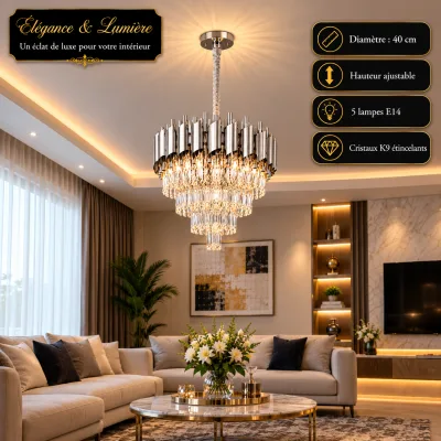 Lustre Cristal Luxe argent 40 cm | Top Déco Tunisie