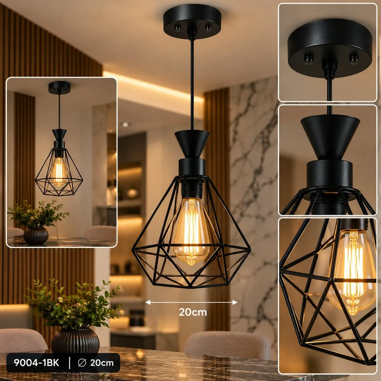 Lustre Suspendu Noir Géométrique en Métal