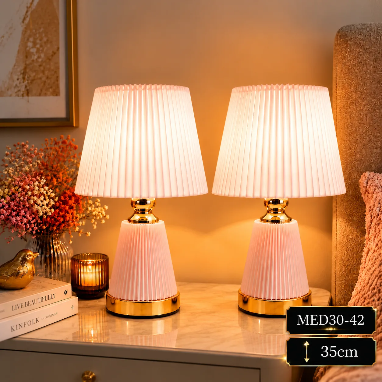Pack de 2 Lampes de Chevet Design Plissé Rose et Doré – 35 cm