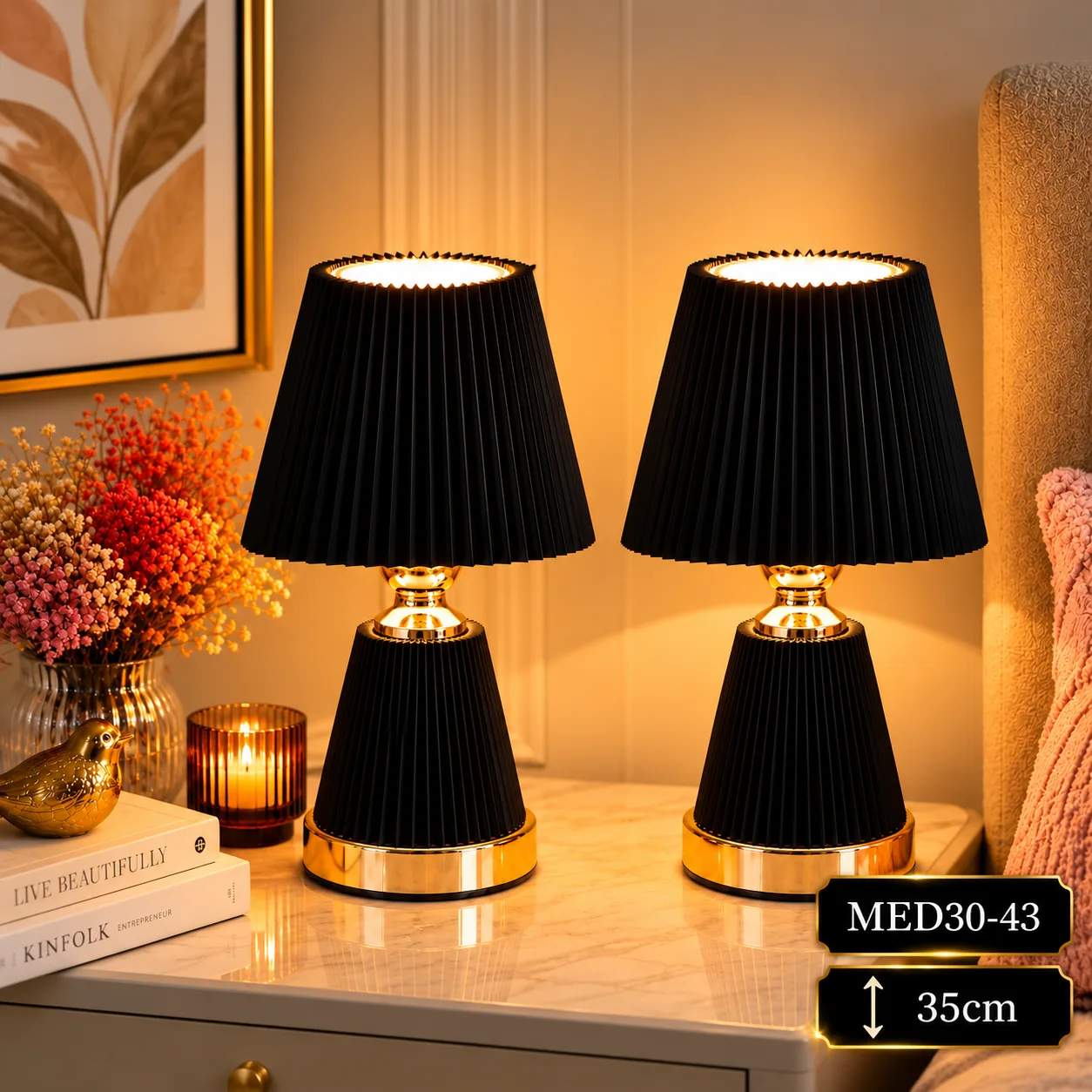 Pack de 2 Lampes de Chevet Design Plissé Noir et Doré