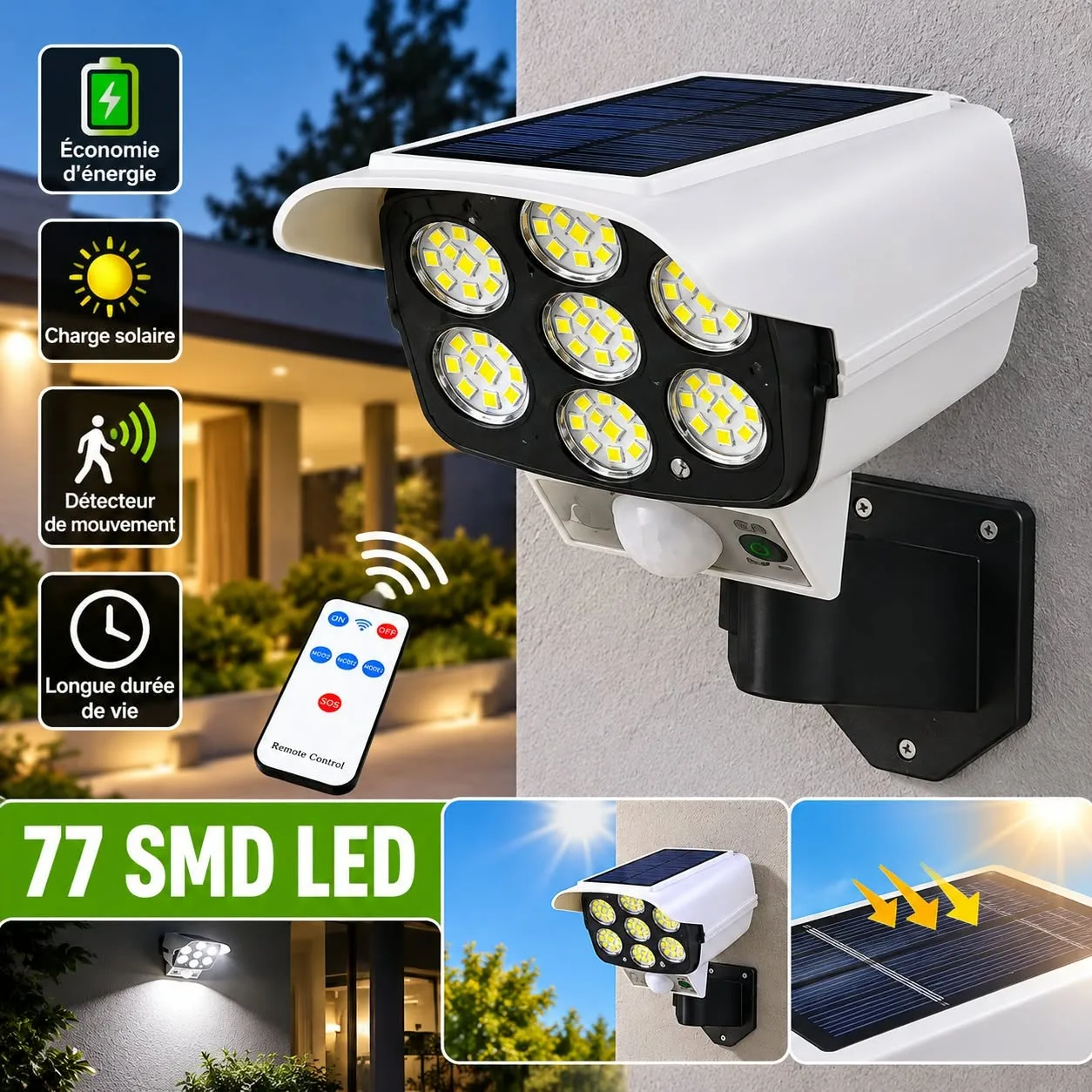 Projecteur LED Solaire Étanche détecteur de mouvement avec télécommande
