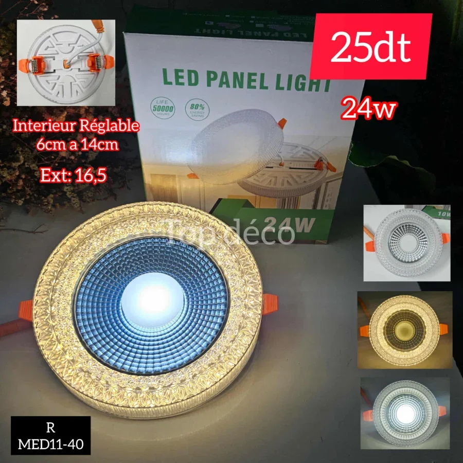 Plafonnier LED Cristal Réglable 24W – 3 Modes d’Éclairage | Top Déco Tunisie