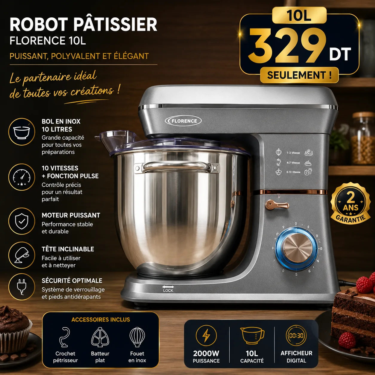 Pétrin Professionnel Florence Gris 10L avec Afficheur | Top Déco Tunisie