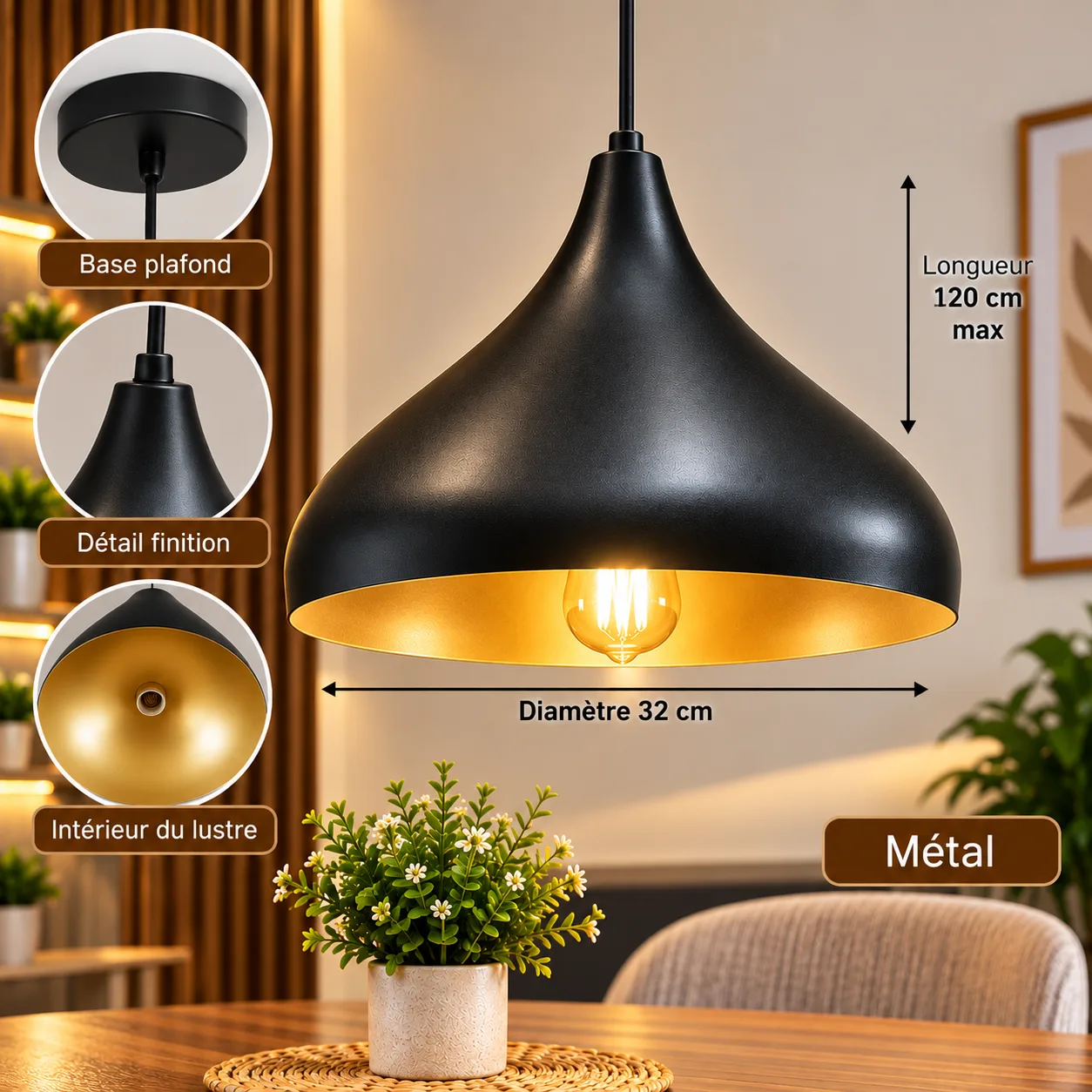 Lustre Suspendu Noir & Doré en Métal – Forme Goutte 32 cm
