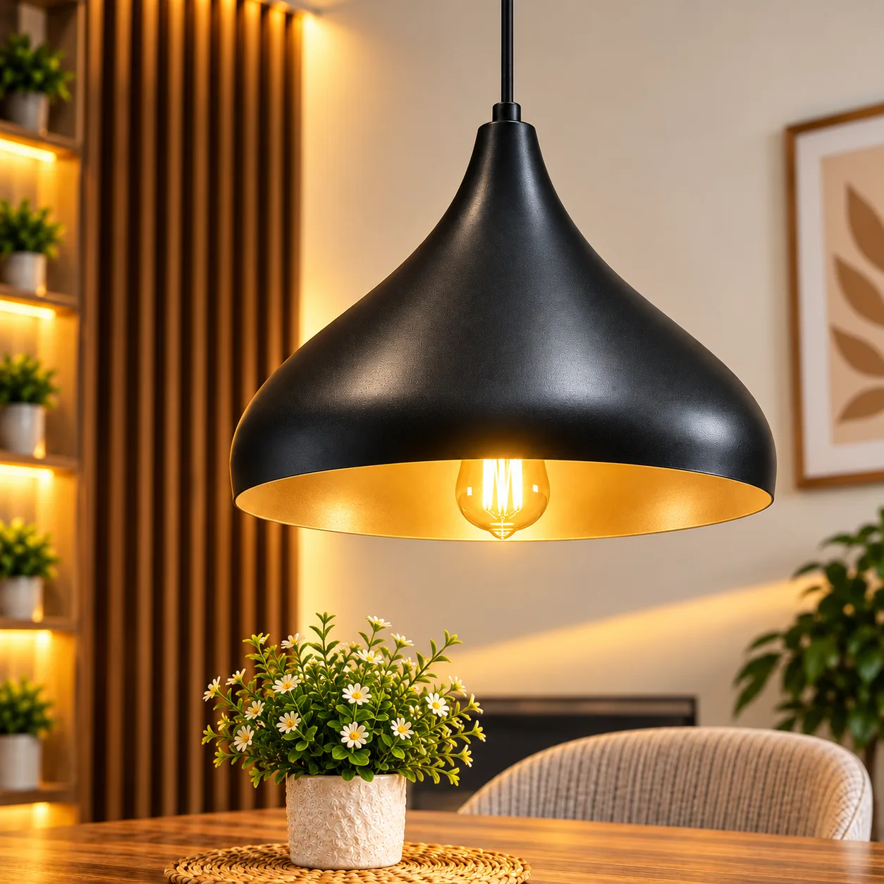 Lustre Suspendu Noir & Doré en Métal – Forme Goutte 32 cm