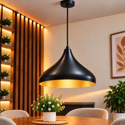 Lustre Suspendu Noir & Doré en Métal – Forme Goutte 32 cm | Top Déco Tunisie