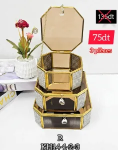 Boîte de Rangement Décorative en Verre & Métal Doré – Set de 3 Pièces | Top Déco Tunisie