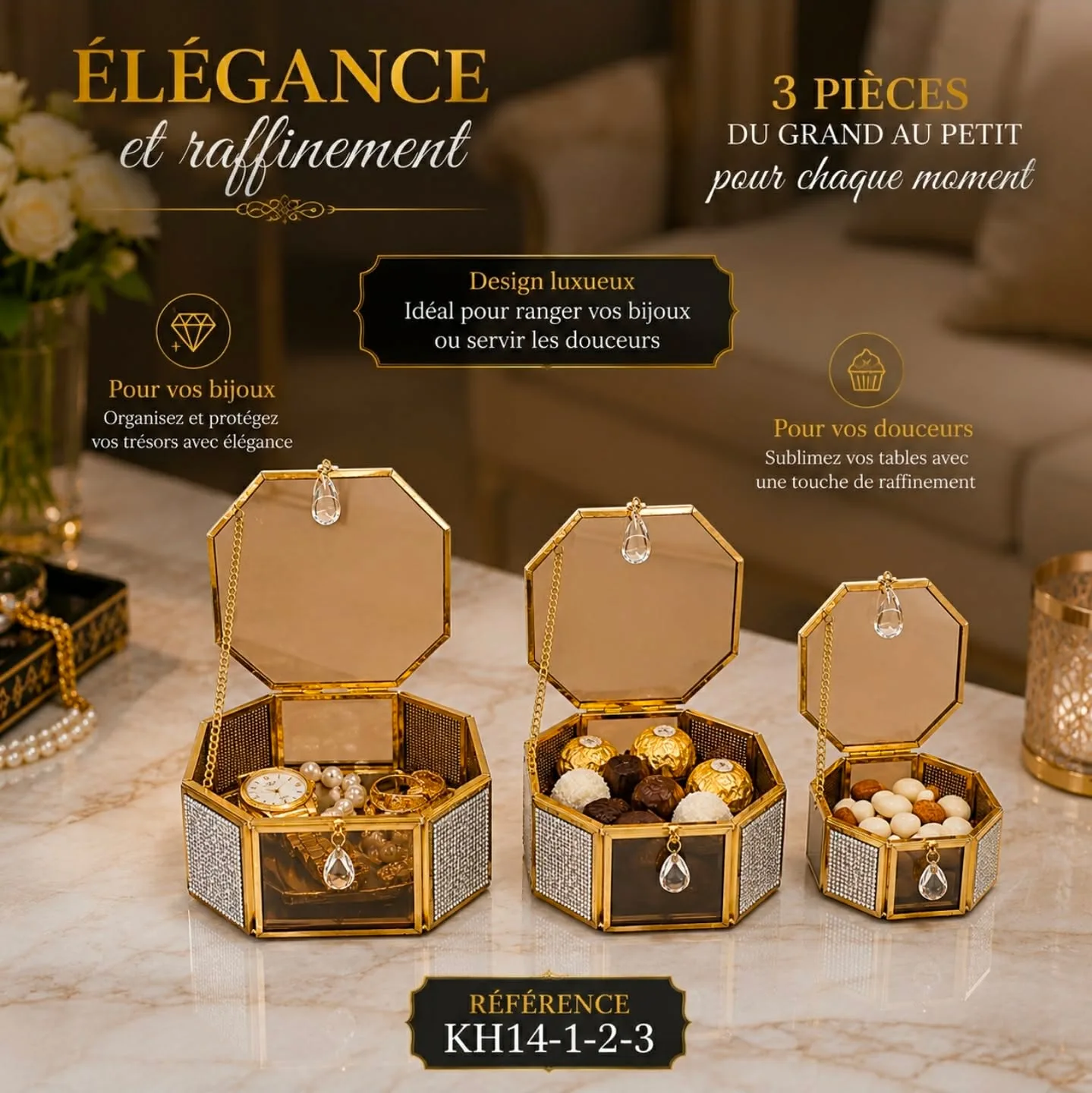 Boîte de Rangement Décorative en Verre & Métal Doré – Set de 3 Pièces
