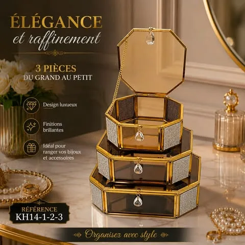 Boîte de Rangement Décorative en Verre & Métal Doré – Set de 3 Pièces