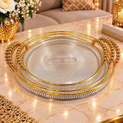 Set de 3 plateaux décoratifs blanc et dorés | Top Déco Tunisie
