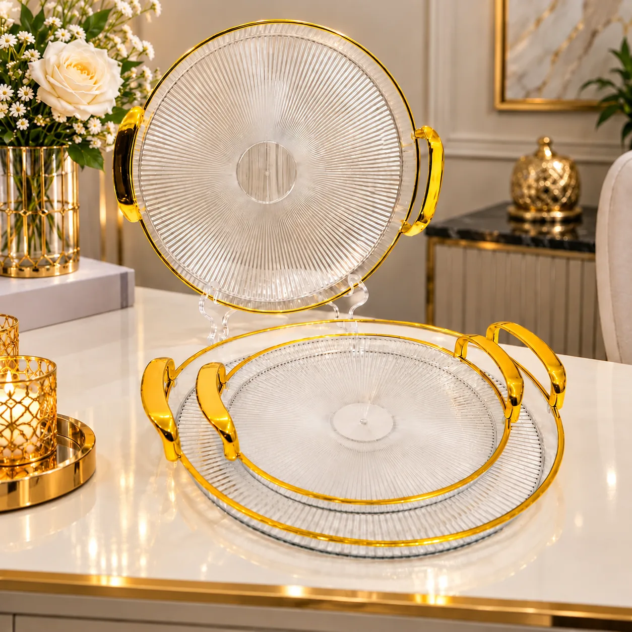 Set de 3 Plateaux de Service Ronds Transparents & Dorés avec Poignées