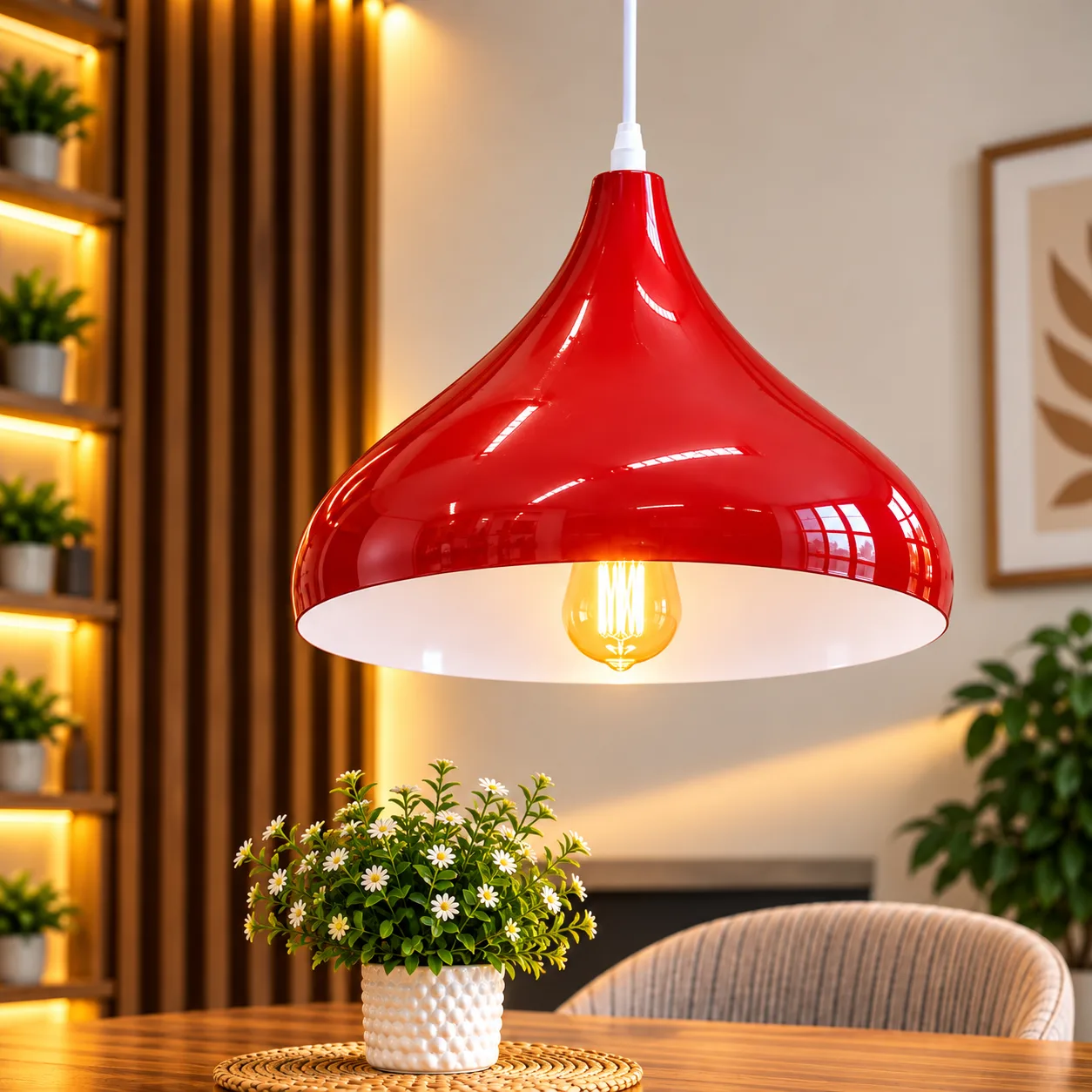 Lustre Suspendu Rouge & Blanc en Métal – Forme Goutte 32 cm