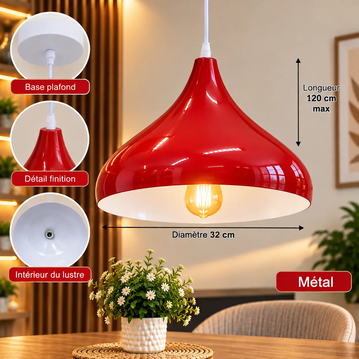 Lustre Suspendu Rouge & Blanc en Métal – Forme Goutte 32 cm