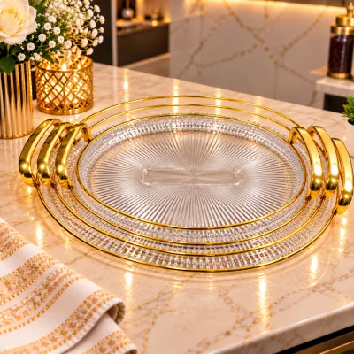 Set de 3 Plateaux de Service Ovales Transparents & Dorés avec Poignées | Top Déco Tunisie