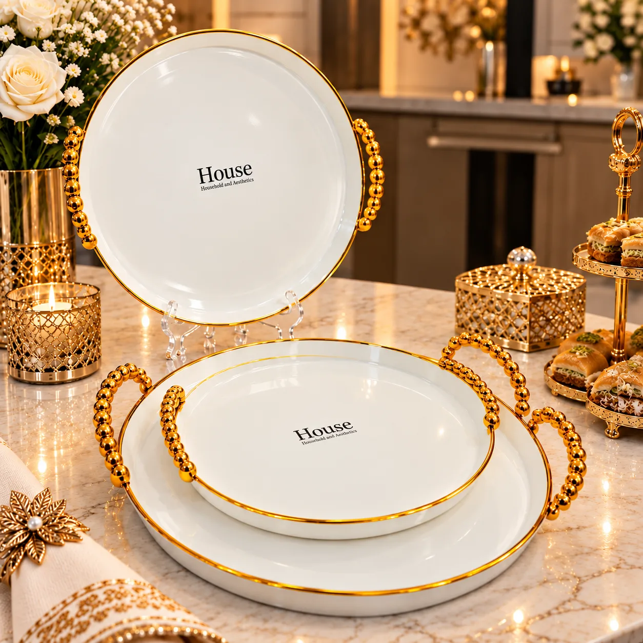 Set de 3 Plateaux de Service Ronds Blanc & Doré avec Poignées