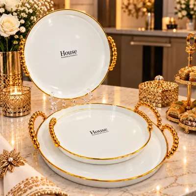 Set de 3 Plateaux de Service Ronds Blanc & Doré avec Poignées | Top Déco Tunisie