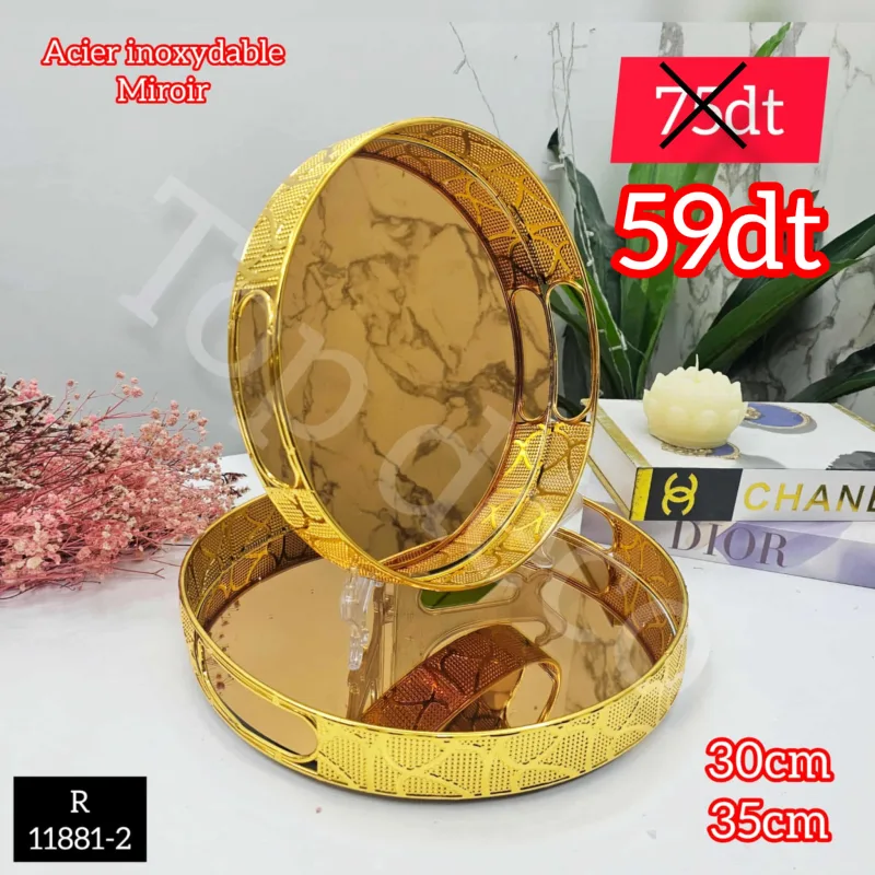 Set de 2 plateaux miroir dorés – Design luxueux – R11881-2 | Top Déco Tunisie