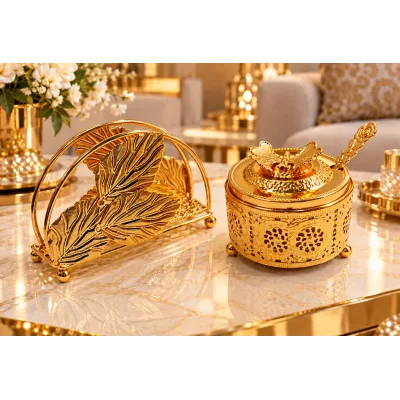 Ensemble Sucrier & Porte-Serviettes Doré – Motif Papillons et Fleurs | Top Déco Tunisie
