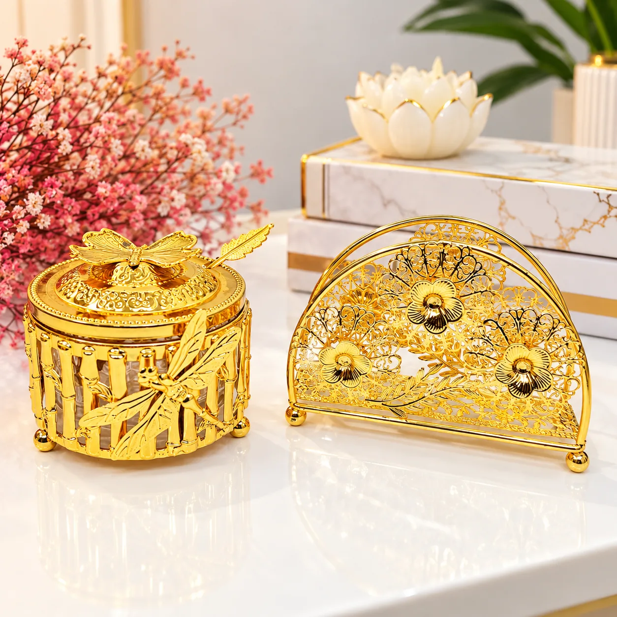 Ensemble Sucrier & Porte-Serviettes Doré – Décor Floral et Libellule
