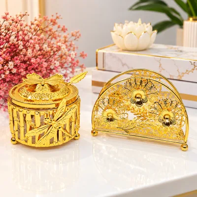 Ensemble Sucrier & Porte-Serviettes Doré – Décor Floral et Libellule | Top Déco Tunisie