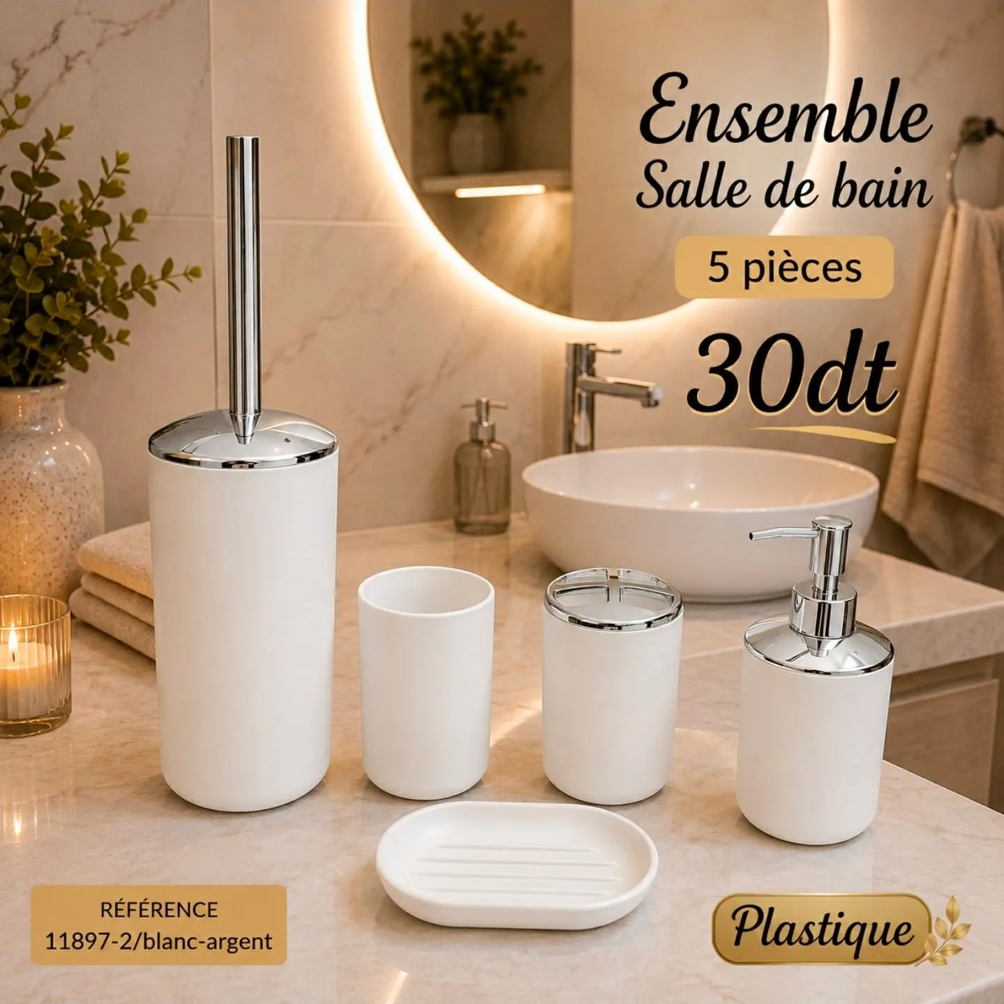 Ensemble d'Accessoires de Salle de Bain 5 Pièces – Blanc & Argent | Top Déco Tunisie