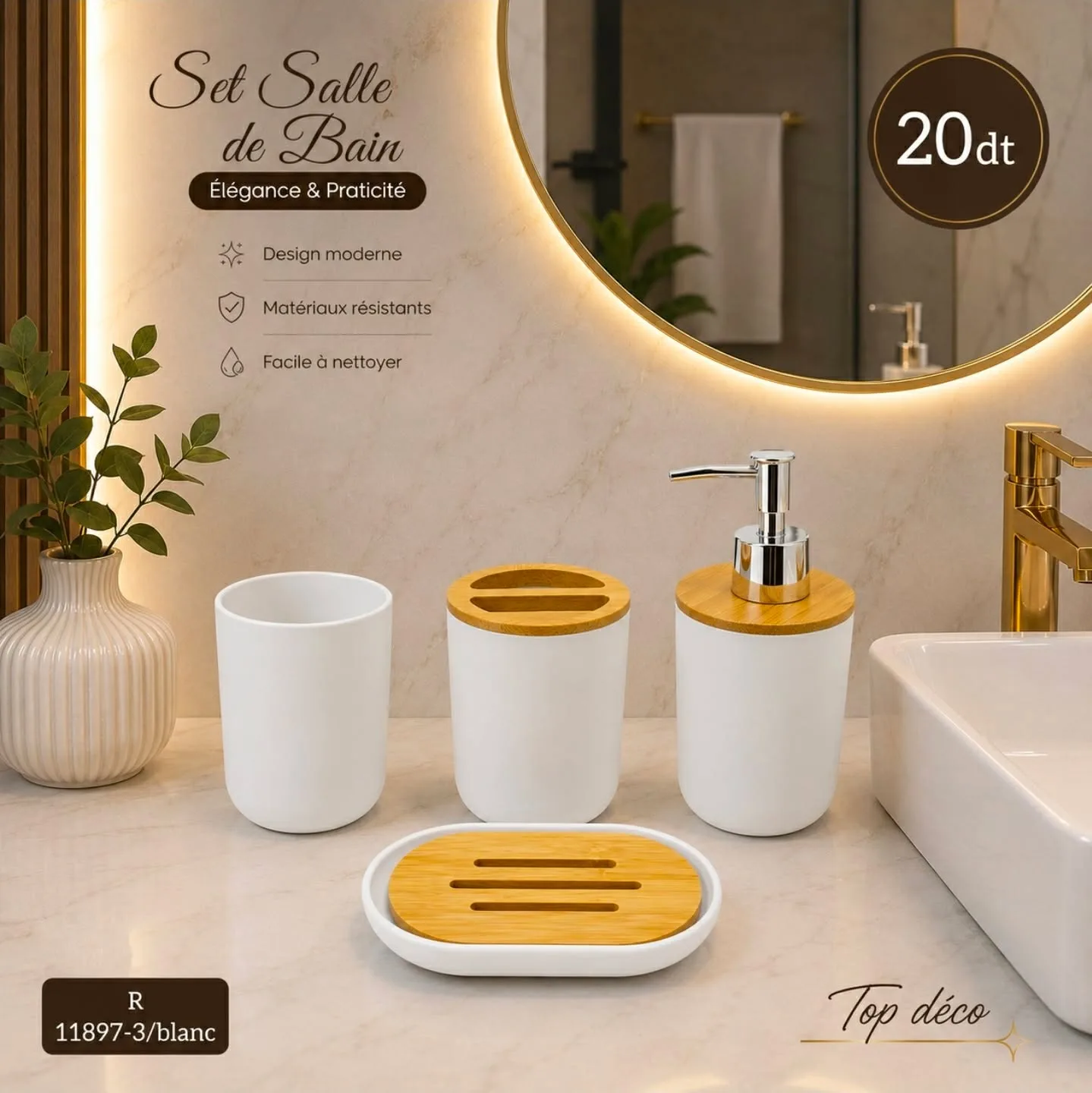 Ensemble d'Accessoires de Salle de Bain – Blanc & Bois | Top Déco Tunisie