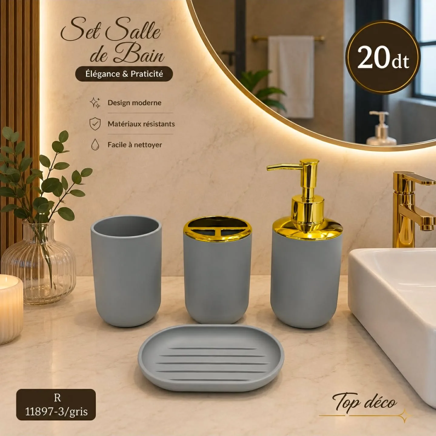 Ensemble d'Accessoires de Salle de Bain  – Gris & Doré | Top Déco Tunisie