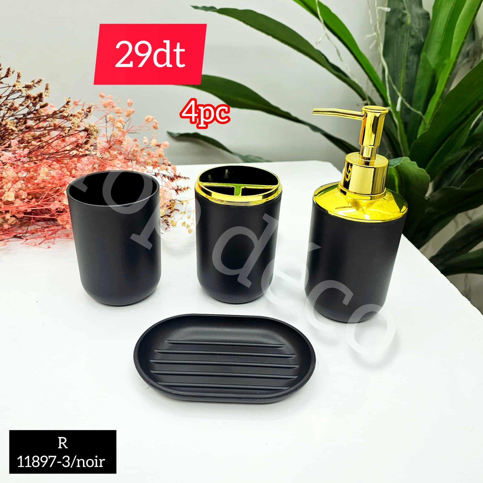 Set de salle de bain 4 pièces – Noir & doré R 11897-3 | Top Déco Tunisie