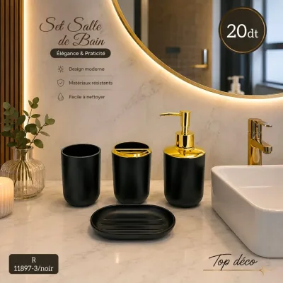 Set de salle de bain 4 pièces – Noir & doré | Top Déco Tunisie