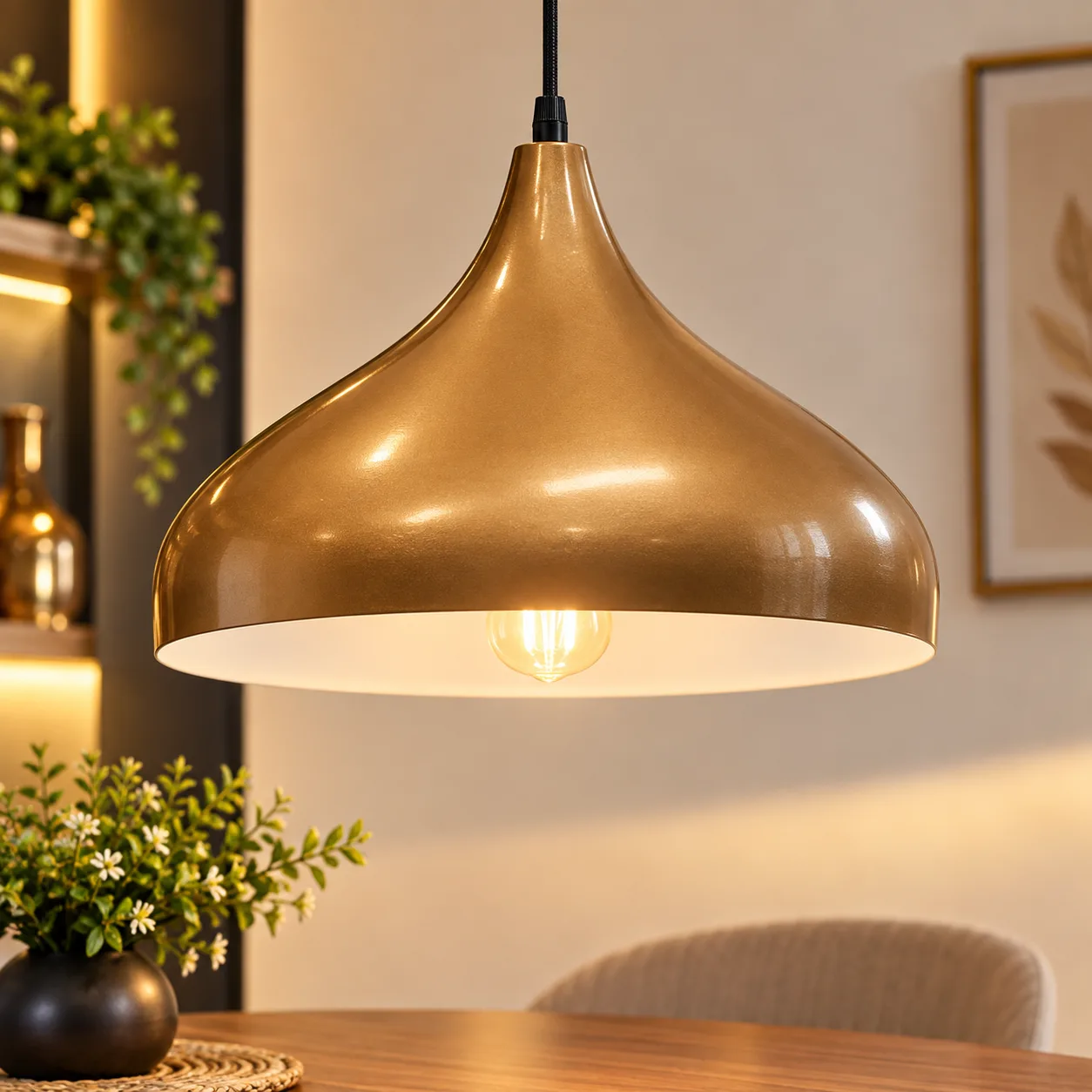 Lustre Suspendu en Métal Bronze – Forme Goutte 32 cm