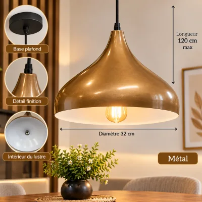 Lustre Suspendu en Métal Bronze – Forme Goutte 32 cm | Top Déco Tunisie