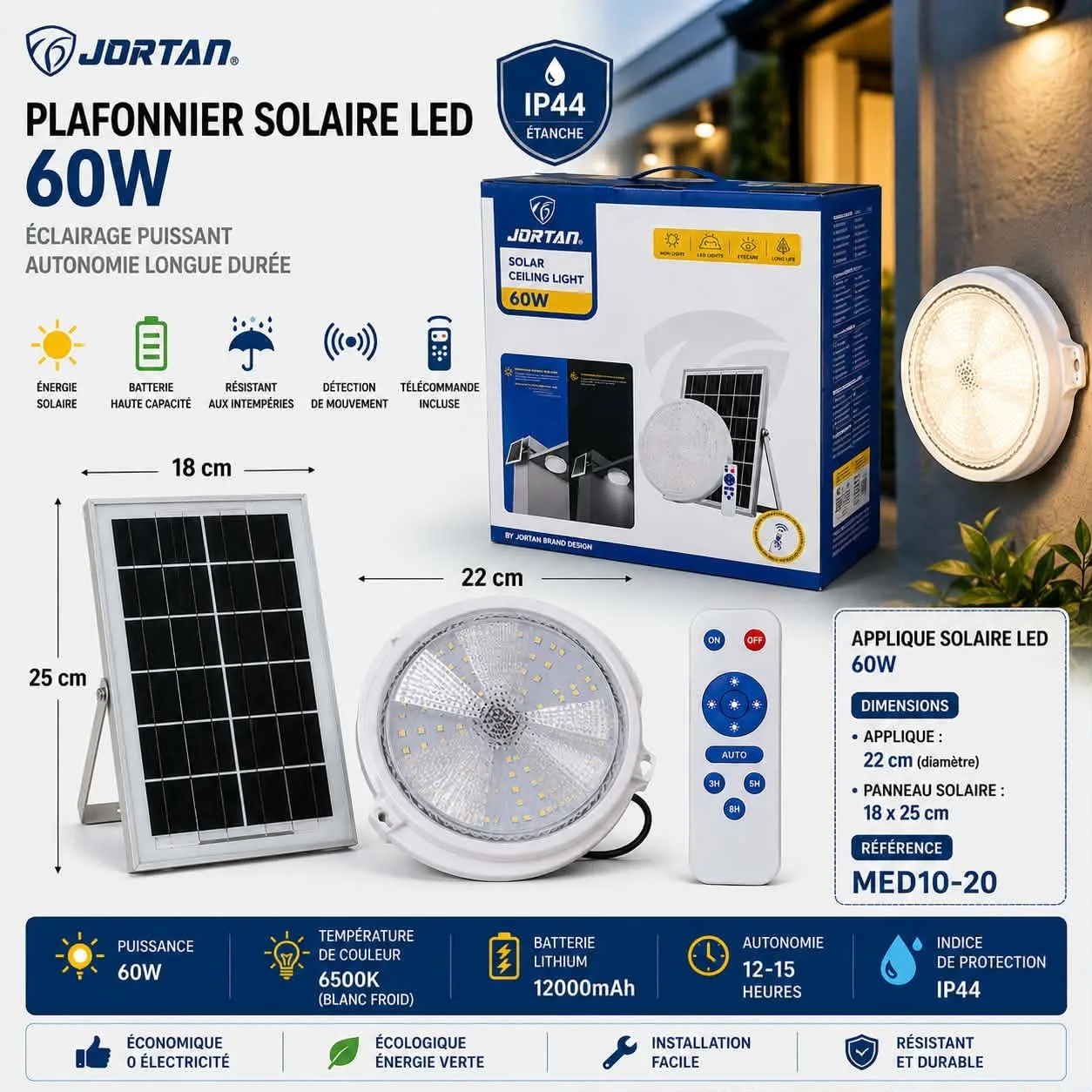 Plafonnier solaire Rond LED avec panneau solaire 60w