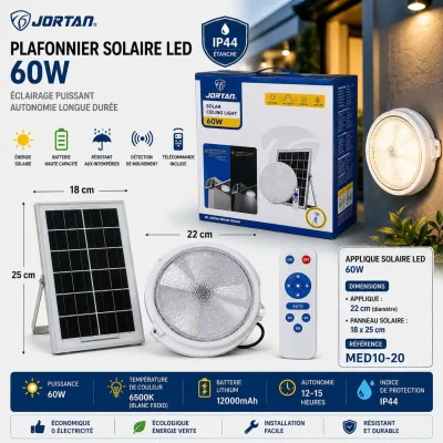 Plafonnier solaire Rond LED avec panneau solaire 60w | Top Déco Tunisie