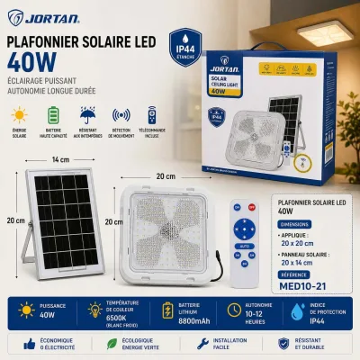 Plafonnier solaire LED Carrée avec panneau solaire 40W | Top Déco Tunisie
