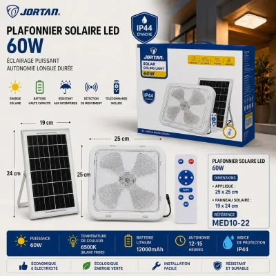 Plafonnier solaire LED Carrée avec panneau solaire 60W | Top Déco Tunisie