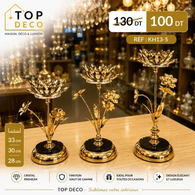 Ensemble de 3 Bougeoirs Dorés Floralia – Cristal & Fleurs Décoratives | Top Déco Tunisie