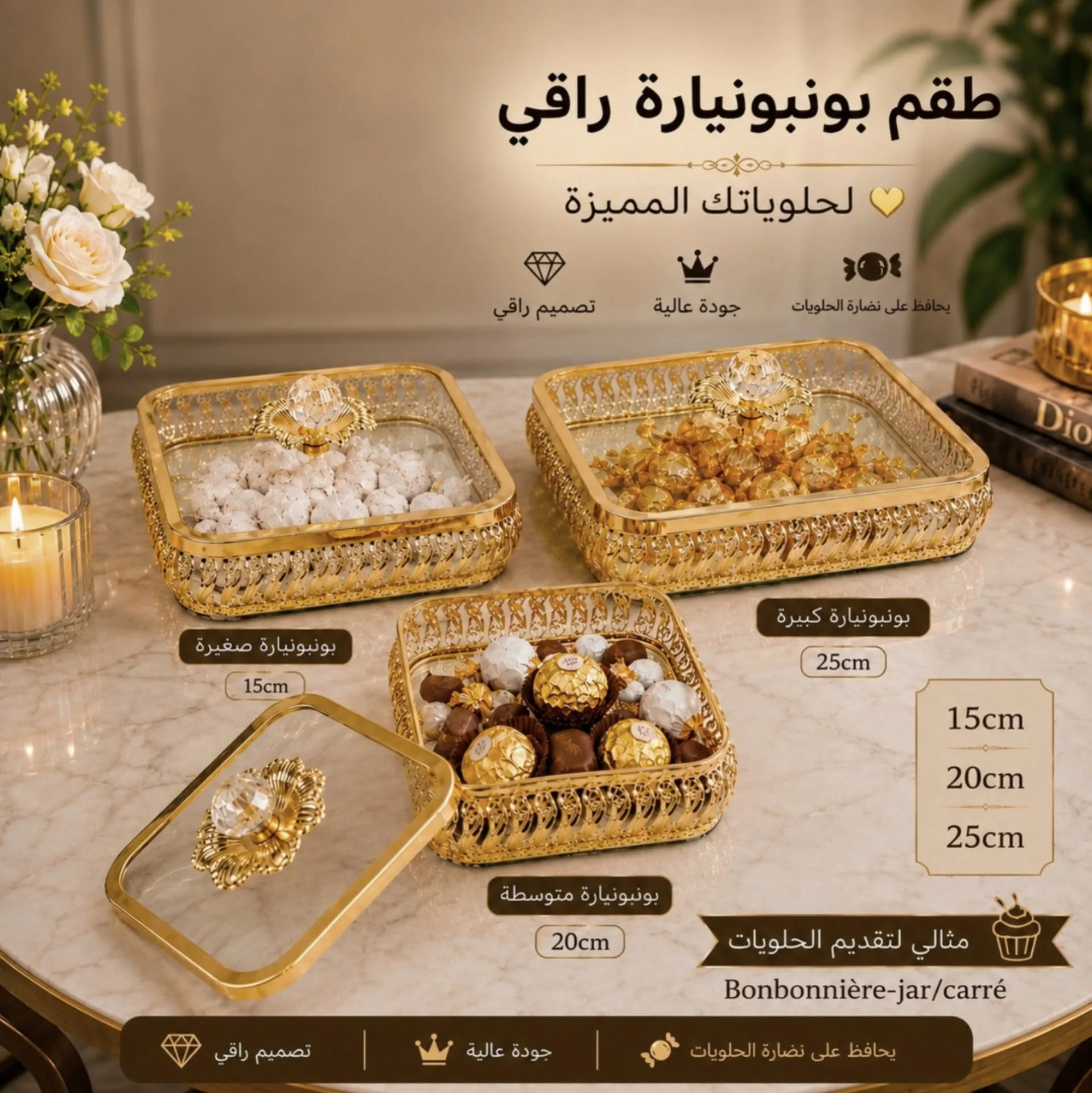 Set de Bonbonnières Carrées en Verre et Métal Doré – 3 Pièces Décoratives de Luxe | Top Déco Tunisie