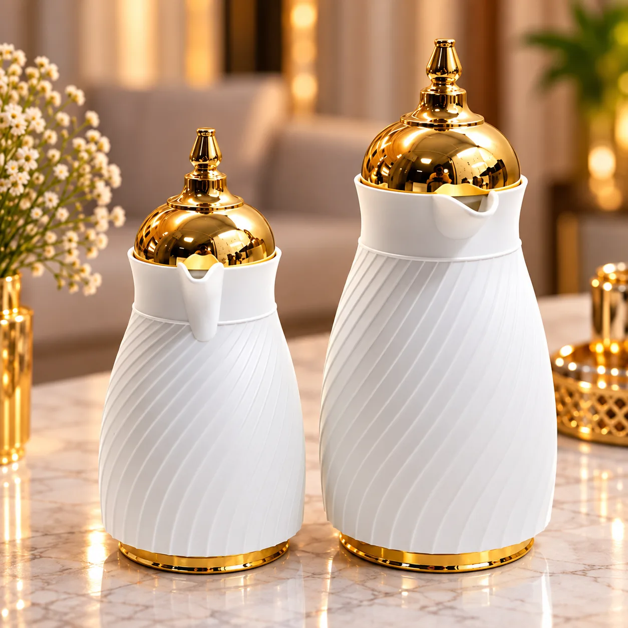 Set de 2 Thermos Isothermes Blanc & Doré 0,7 L + 1 L – Carafes pour Thé et Café