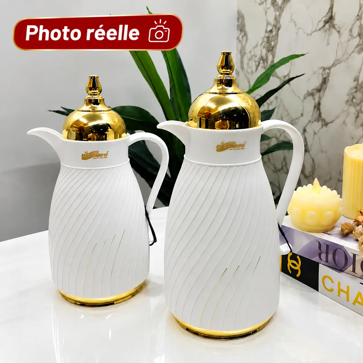 Set de 2 Thermos Isothermes Blanc & Doré 0,7 L + 1 L – Carafes pour Thé et Café