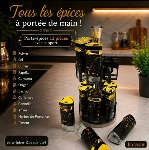 Porte Épices Élégance Noir & Doré – Set 12 Pièces