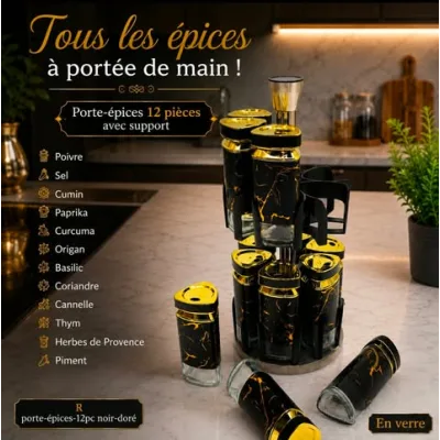 Porte Épices Élégance Noir & Doré – Set 12 Pièces | Top Déco Tunisie
