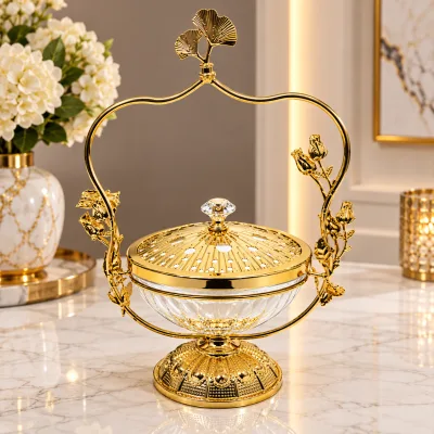 Bonbonnière Dorée avec Couvercle et Support Décoratif – 17 cm | Top Déco Tunisie